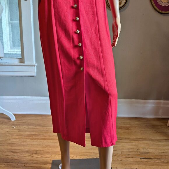 Vintage 90s Scarlett Red Midi Dress Pearl Button Front Shoulder Pads Size 3/4 - Picture 6 of 10